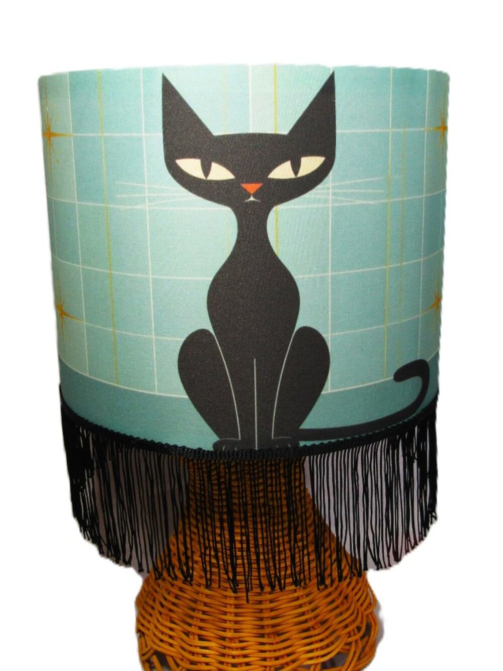 MID-CENTURY ATOMIC CAT PRINT CLOTH LAMPSHADE 11 X 11 BLACK CAT, OFFERS WELCOME